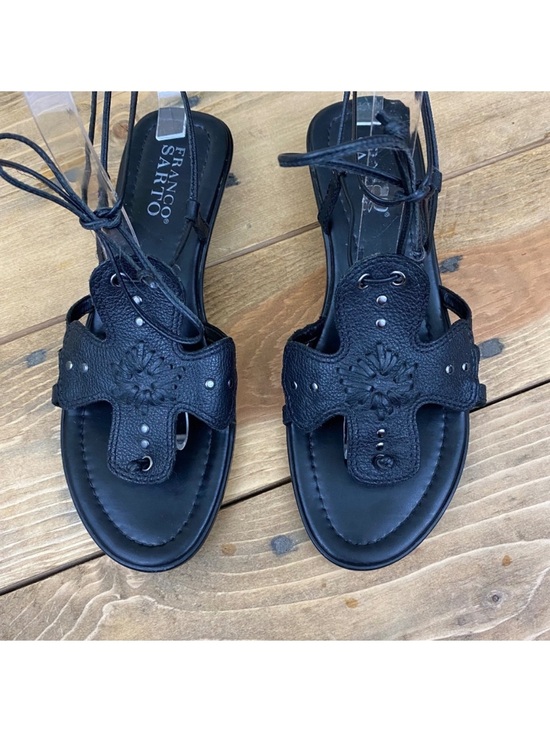 Franco Sarto Shoes - Franco Sarto tie up black leather 3/4 wedge low heel sandals with rivets studs